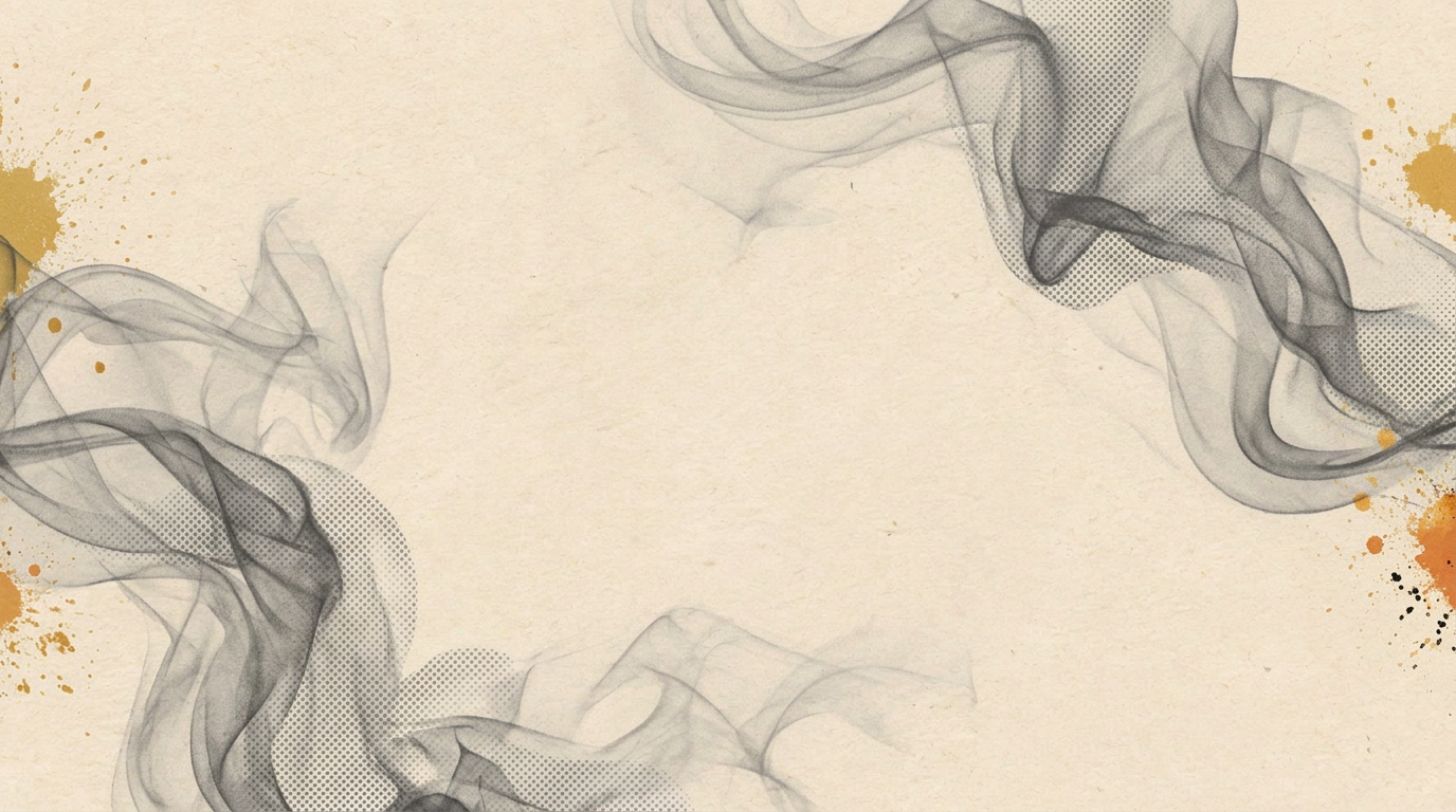 Abstract charcoal smoke and halftone texture on warm cream paper